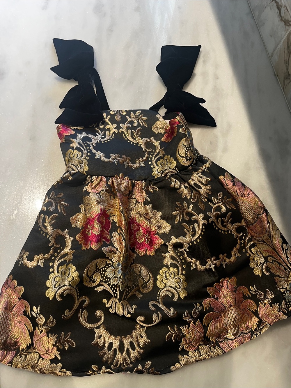 Girls Black Brocade Dress 5T with Gold and Pink Embroidery